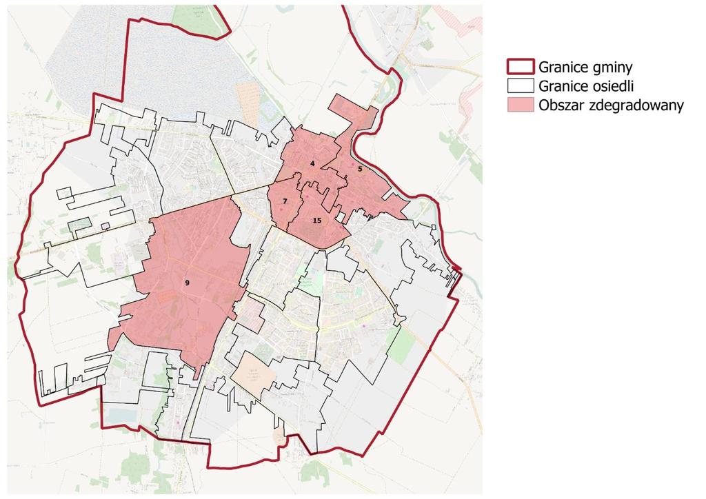 S t r o n a 42 Na podstawie powyższej analizy jako obszar zdegradowany i rewitalizacji wskazuje się osiedla 4, 5, 7, 9 i 15.