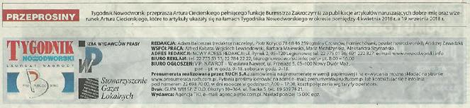 INFORMACJE Z GMINY ZAKROCZYM 9/2018 19 Tygodnik Nowodworski zamieszcza sprostowania i przeprosiny Szanowni Państwo, w ostatnich miesiącach w lokalnej gazecie, pt.