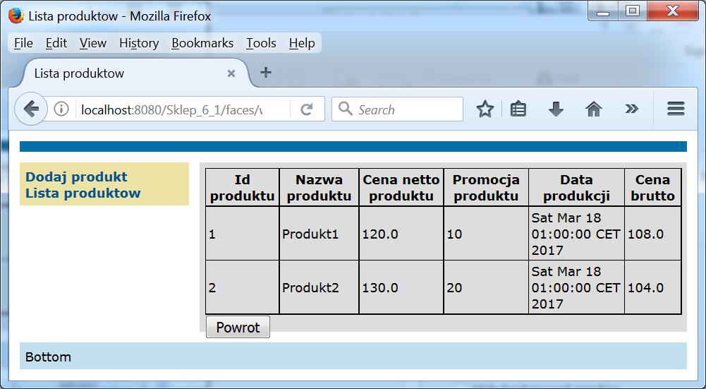 1.17. Po uruchomieniu formularza Lista produktow w obu