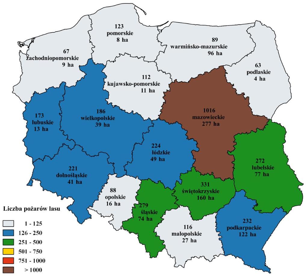 Rycina 10. Liczba pożarów lasu i powierzchnia spalona w poszczególnych województwach w Polsce w 2017 r. Tabela 1.