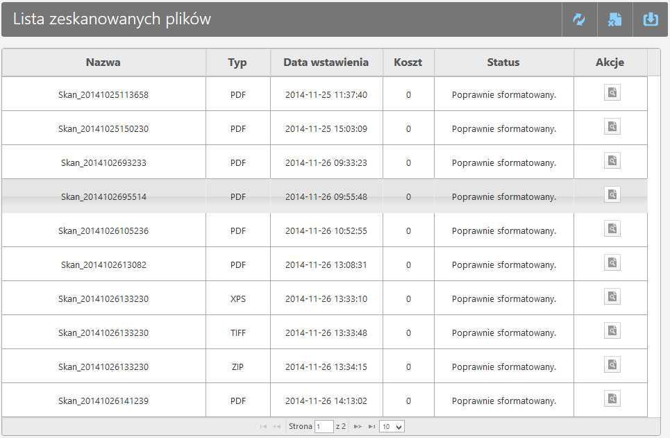 Podobnie jak w innych przypadkach, lista ma identyczną budowę a różni się jedynie dostępnymi funkcjami.