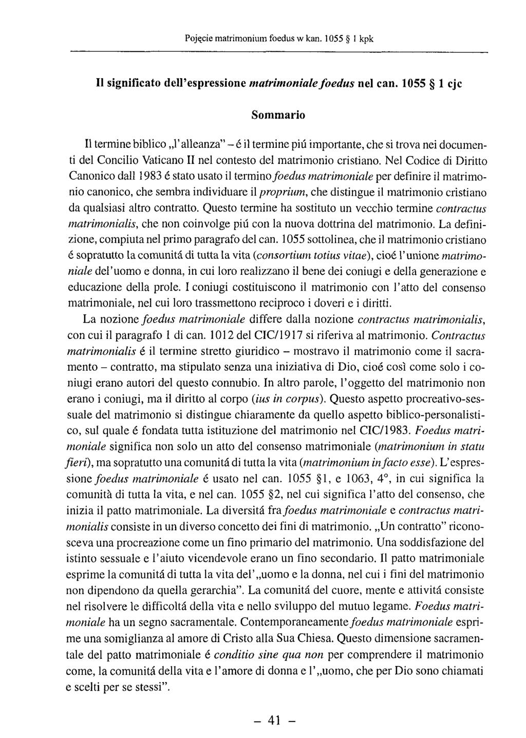 II significato dell espressione matrimoniale foedus nel can.