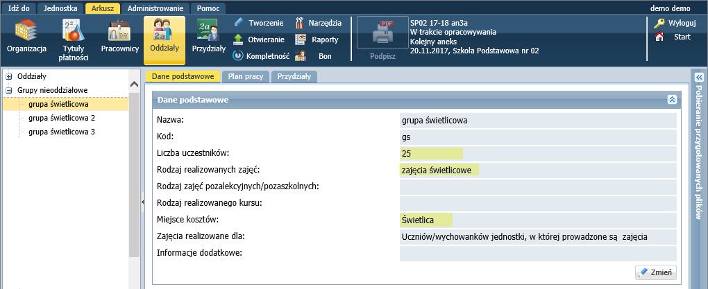 oddziału. Tygodniowe wymiary godzin zajęć wyznaczane są w analogiczny sposób jak w tabeli Oddziały szczegółowo.