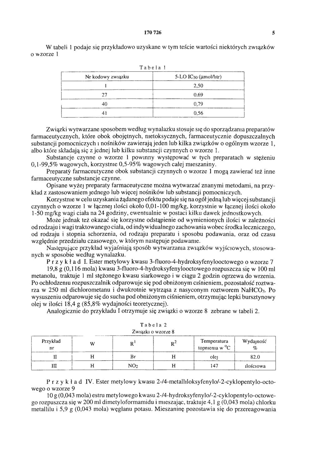 170 726 5 W tabeli 1 podaje się przykładowo uzyskane w tym teście wartości niektórych związków o wzorze 1 Nr kodowy związku Tabela 1 5-LO IC50 (μmol/litr) 1 2,50 27 0.