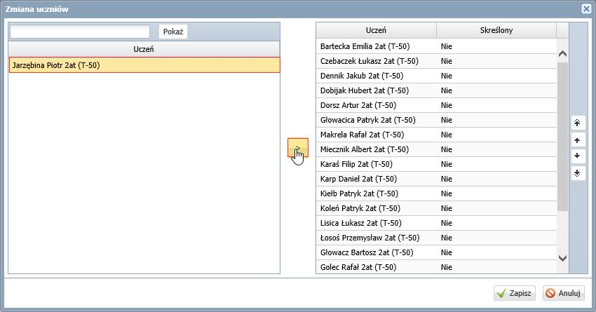Kliknij przycisk Zmień listę uczniów. 5. W oknie Zmiana uczniów zaznacz ucznia na liście po lewej stronie i kliknij przycisk, aby przenieś go na listę po prawej stronie.