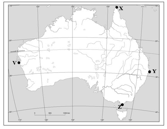 Zadanie 5 (0 5 pkt) W czterech skrajnych punktach Australii umieszczono obserwatorów. Zaznacz w tabeli poprawne odpowiedzi : A Który z nich pierwszy zobaczy wschód Słońca?