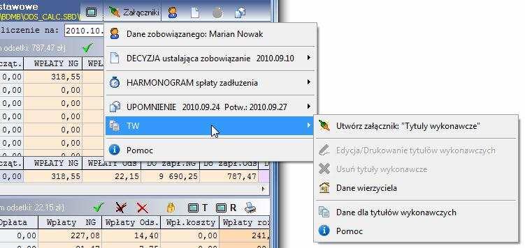 Wystawianie tytułu wykonawczego TW-1. Tytuły wykonawcze wystawiane przez program stanowią załącznik do dokumentu kalkulatora i są zapisywane do pliku dyskowego łącznie z dokumentem kalkulatora. Rys.