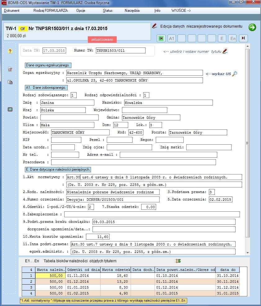 wykonawcze objęte ewidencją otrzymają numery: TNPSR1010/0001/1, TDAFA1001/0001/2 itd. Organ egzekucyjny do którego mają zostać skierowane tytuły wykonawcze.