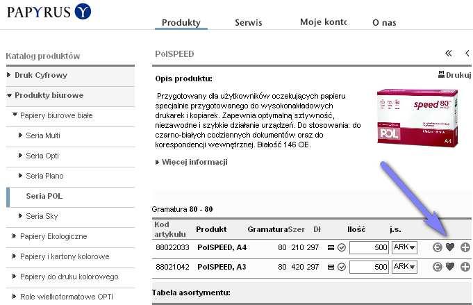 Po odnalezieniu szukanego produktu pojawi się na jego karcie tabela z indeksem, nazwą, ilością, jednostką oraz ikonką, której kliknięcie spowoduje dodanie pozycji do listy zakupów w sposób identyczny