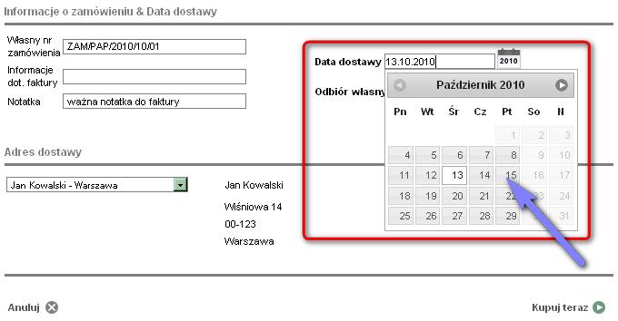 4.5 Informacje dotyczące zamówienia Data dostawy Bezpośrednio pod kasą widnieje część, w której Klient moŝe dokonać kilku zmian dotyczących między innymi daty oraz adresu dostawy.