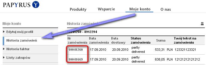 2.5 Dodawanie pozycji do koszyka poprzez Historię zamówień Klikając na przycisk Moje konto po lewej stronie pojawi się menu uŝytkownika, którym między innymi jest pozycja Historia zamówień.