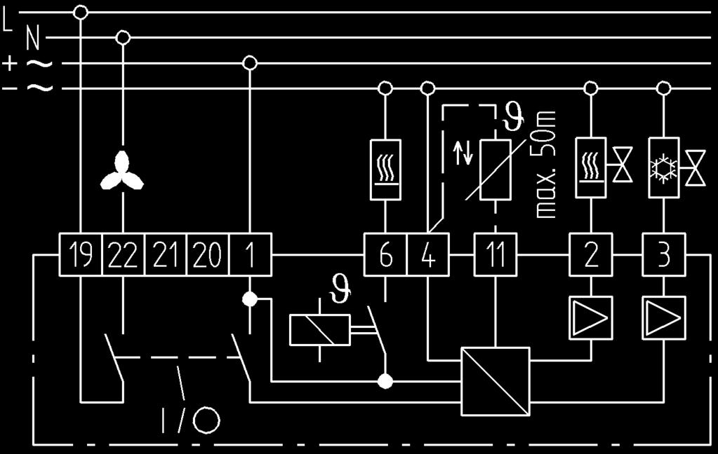 /WYŁ (alternatywnie dla podgrzewacza elektrycznego) Dálkové čidlo Czujnik zdalnie sterowany AC/DC 24 V 50/60 Hz AC/DC 24 V 50/60 Hz f 6 A cosϕ=1/3 A / cosϕ=0,6 f 6 A cosϕ=1/3 A / cosϕ=0.
