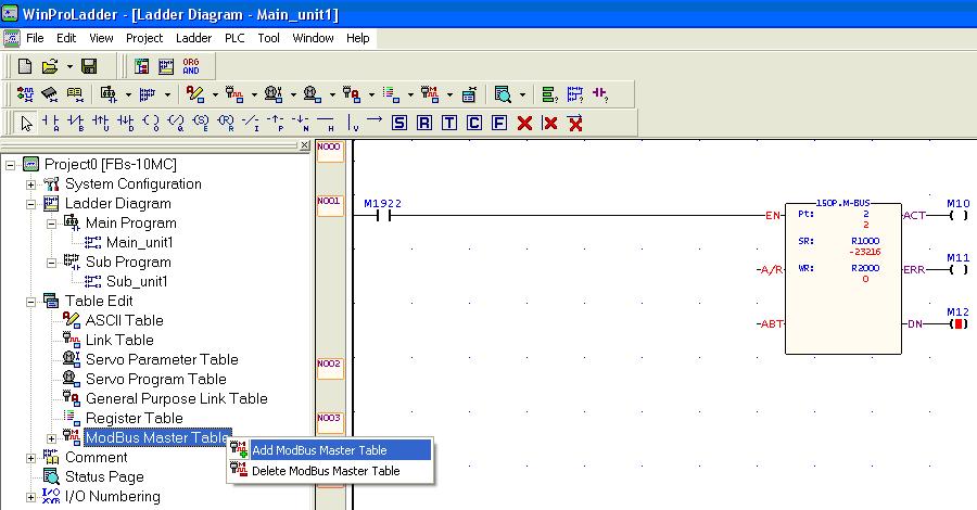 Rys. 14. Widok ekranu przy wstawianiu z drzewa konfiguracji tabeli do obsługi Modbusa w programie WinProladder.
