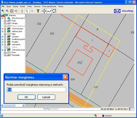 Podczas określania zakresu pracy geodeta ma możliwość wykorzystania wszystkich oferowanych w serwisie informacji (działki, ulice, punkty adresowe, ortofotomapa, itp.