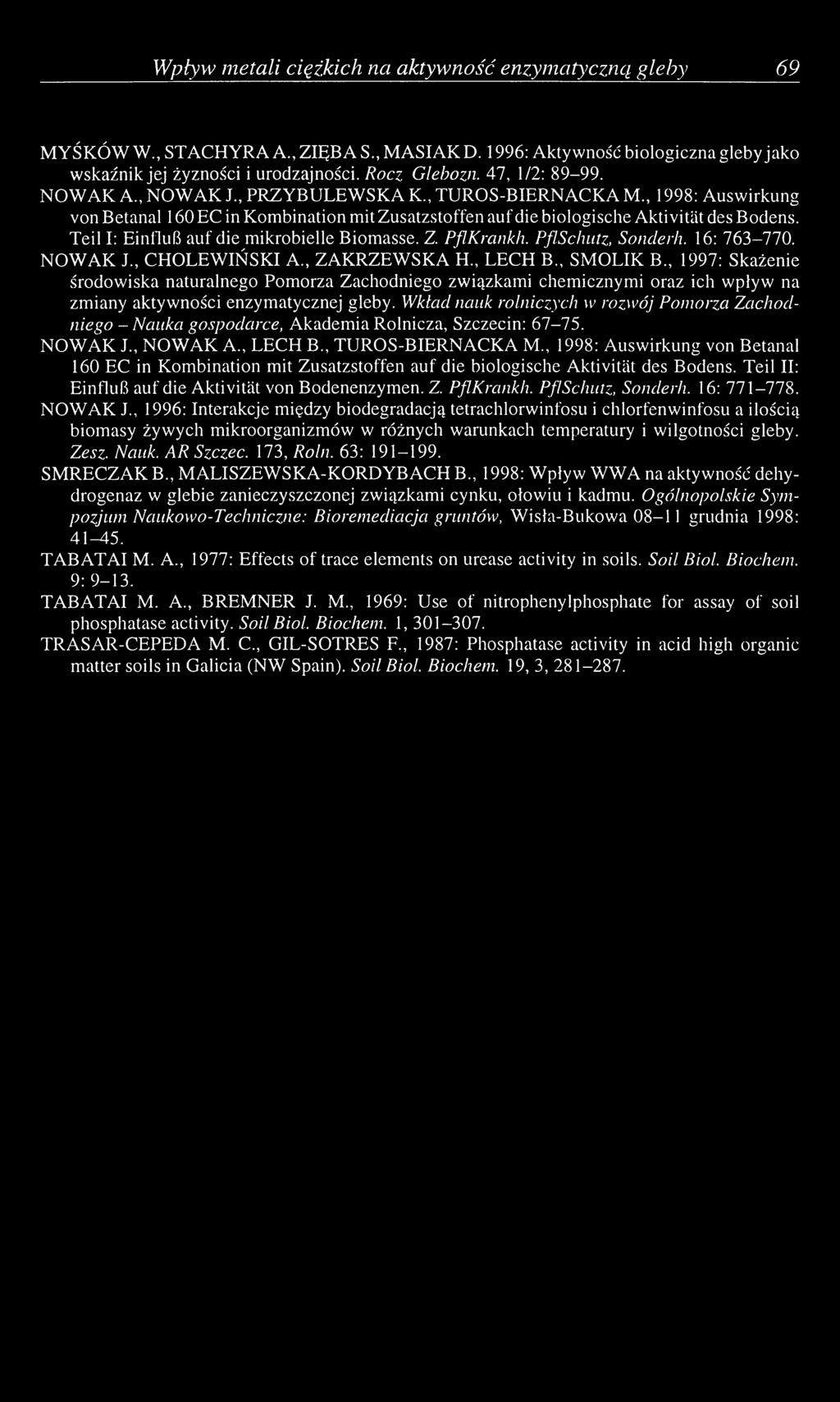 Teil I: Einfluß auf die mikrobielle Biomasse. Z. PßKrankh. PflSchutz, Sonderh. 16: 763-770. NOW AK J., CHOLEWIŃSKI A., ZAKRZEWSKA H., LECH B., SMOLIK В.