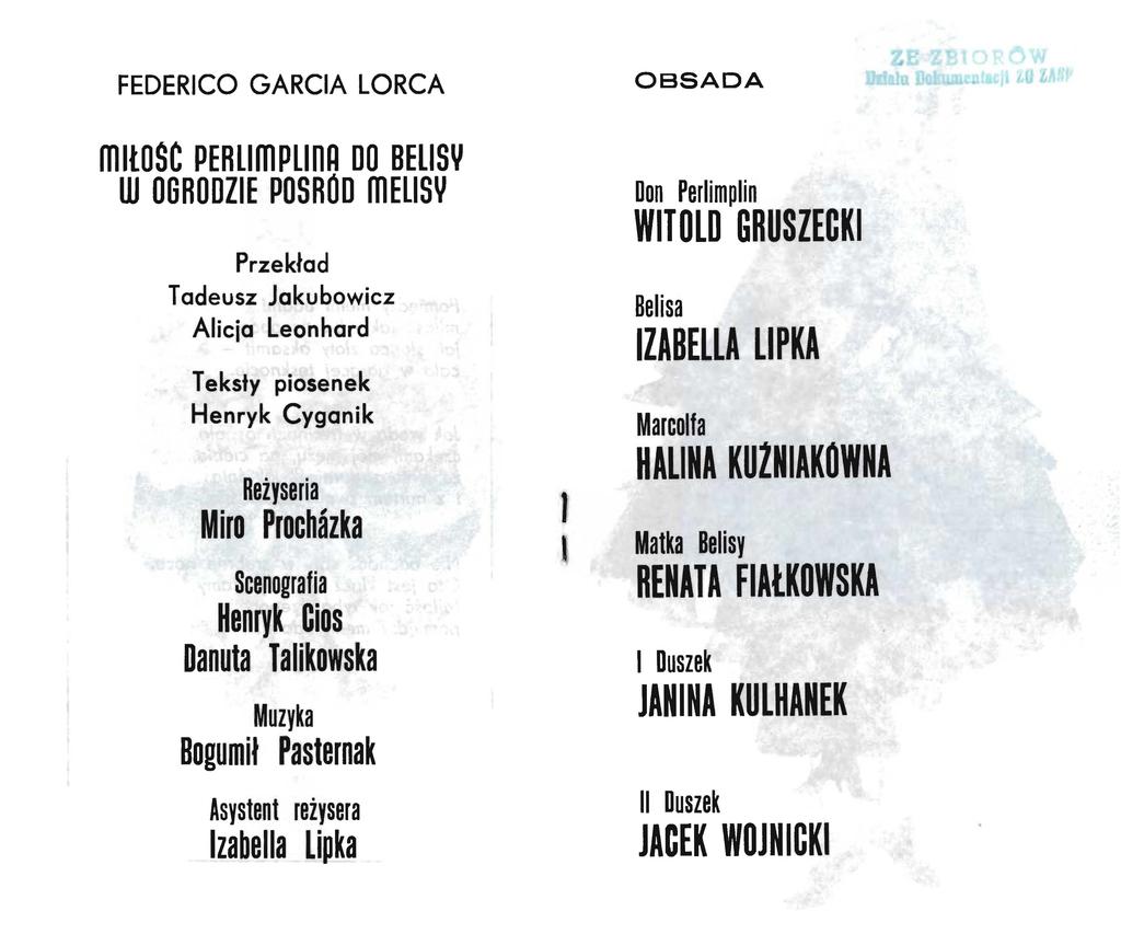 FEDERICO GARCIA LORCA ffillosc PERLlffiPLlnn DO HELISY W OGRODZIE POSROD ffielisy Przekład Tadeusz Jakubowicz Alicia Leonhard Teksty piosenek Henryk Cyganik Reżyseria Miro Prochazka Scenografia