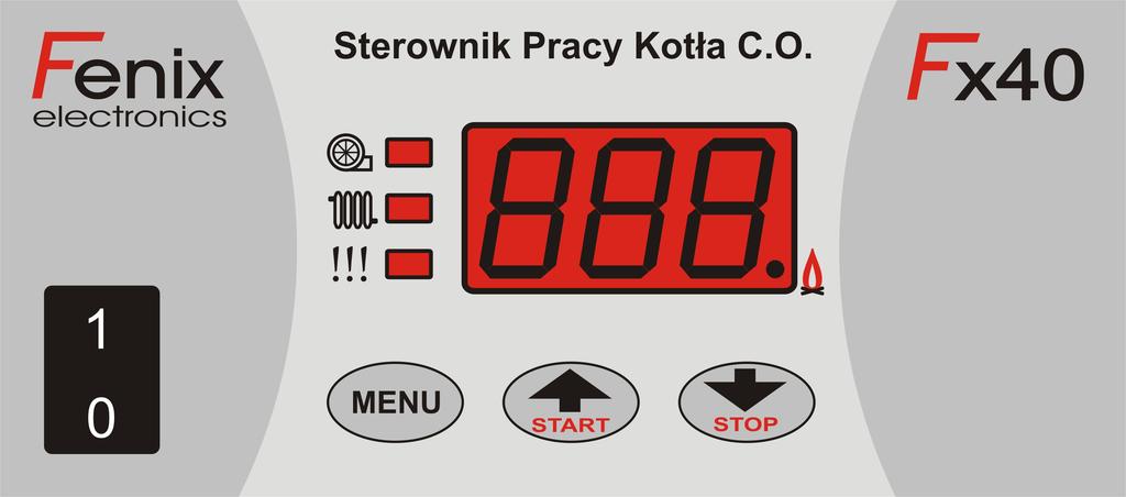 IV. Obsługa sterownika 1. Widok panelu sterowania. Praca wentylatora Praca wentylatora nadmuchowego Wyświetlacz LED 3-cyfrowy alarm Włącznik główny Wejście do MENU Stan pracy Rozruch kotła.