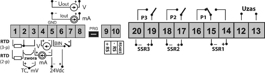 MODBUS-RTU), w AR600 interfejs RS485 wyklucza wyjście analogowe oraz wejście binarne (zgodnie z kodem zamówienia) 12-13 wejście zasilające 230Vac lub 24Vac/dc 14-15-16 wyjście przekaźnika P1 lub SSR1