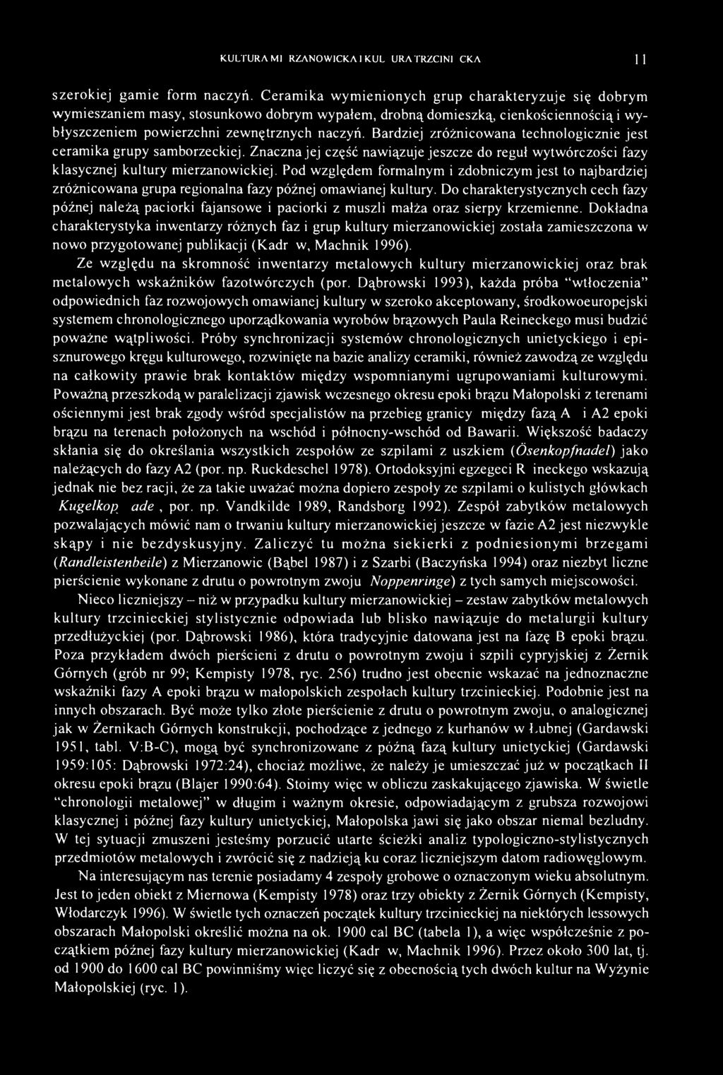 Bardziej zróżnicowana technologicznie jest ceramika grupy samborzeckiej. Znaczna jej część nawiązuje jeszcze do reguł wytwórczości fazy klasycznej kultury mierzanowickiej.