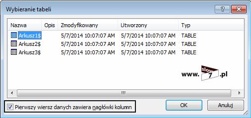 4 (Pobrane z slow7.pl) W pojawiającym się oknie określamy arkusz w którym znajdują dane oraz zaznaczamy opcję Pierwszy wiersz danych zawiera nagłówki kolumn.