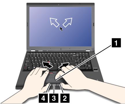 Aby przesunąć wskaźnik na ekranie, przesuń palcem po trackpadzie 1 w odpowiednim kierunku.