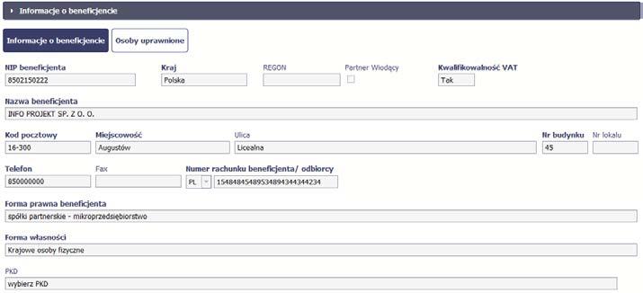 Następnym elementem umowy jest sekcja Informacje o beneficjencie gdzie widoczne