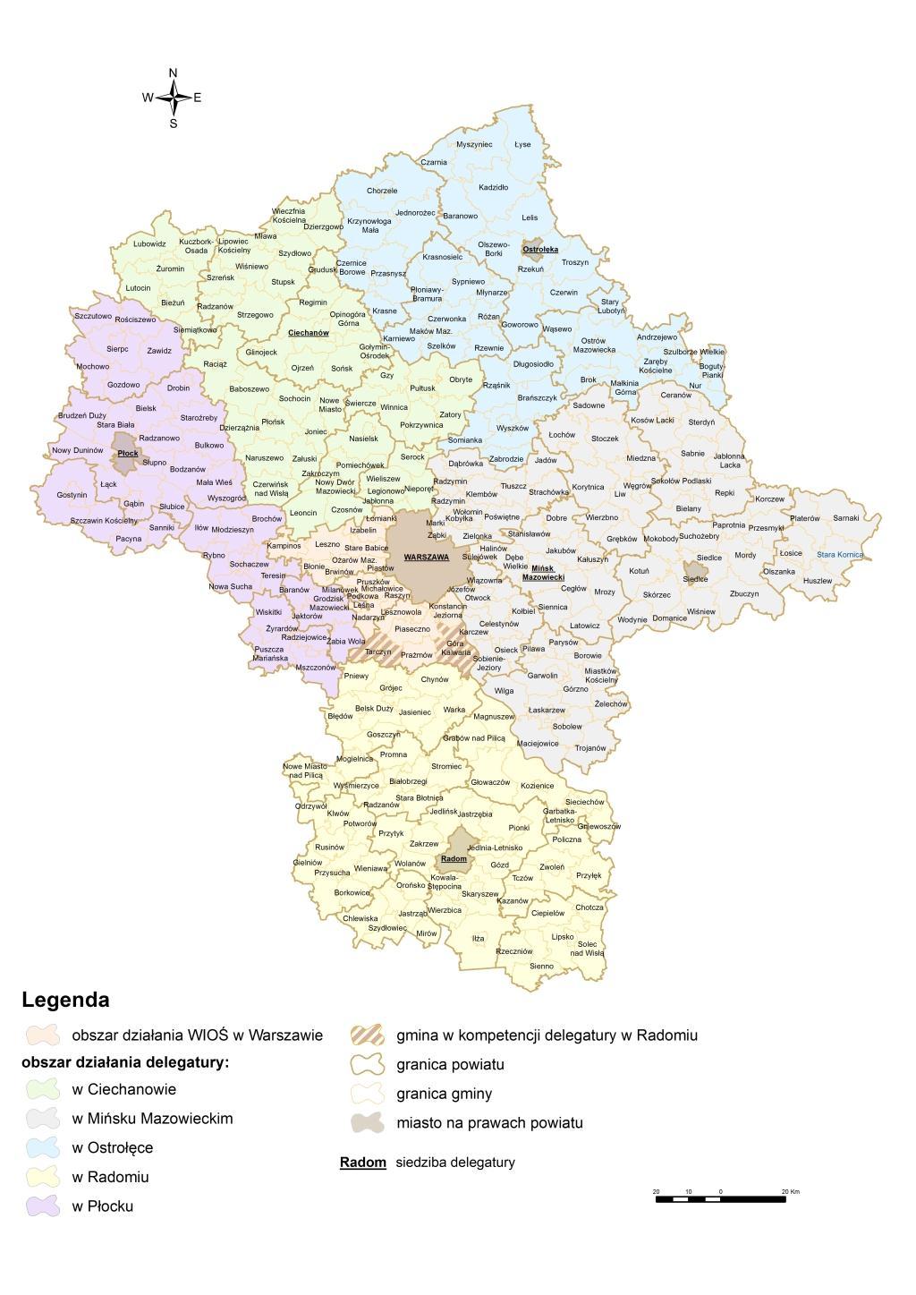 Obszar działania Wojewódzkiego Inspektoratu Ochrony Środowiska w Warszawie przedstawiono na mapie 1.2.