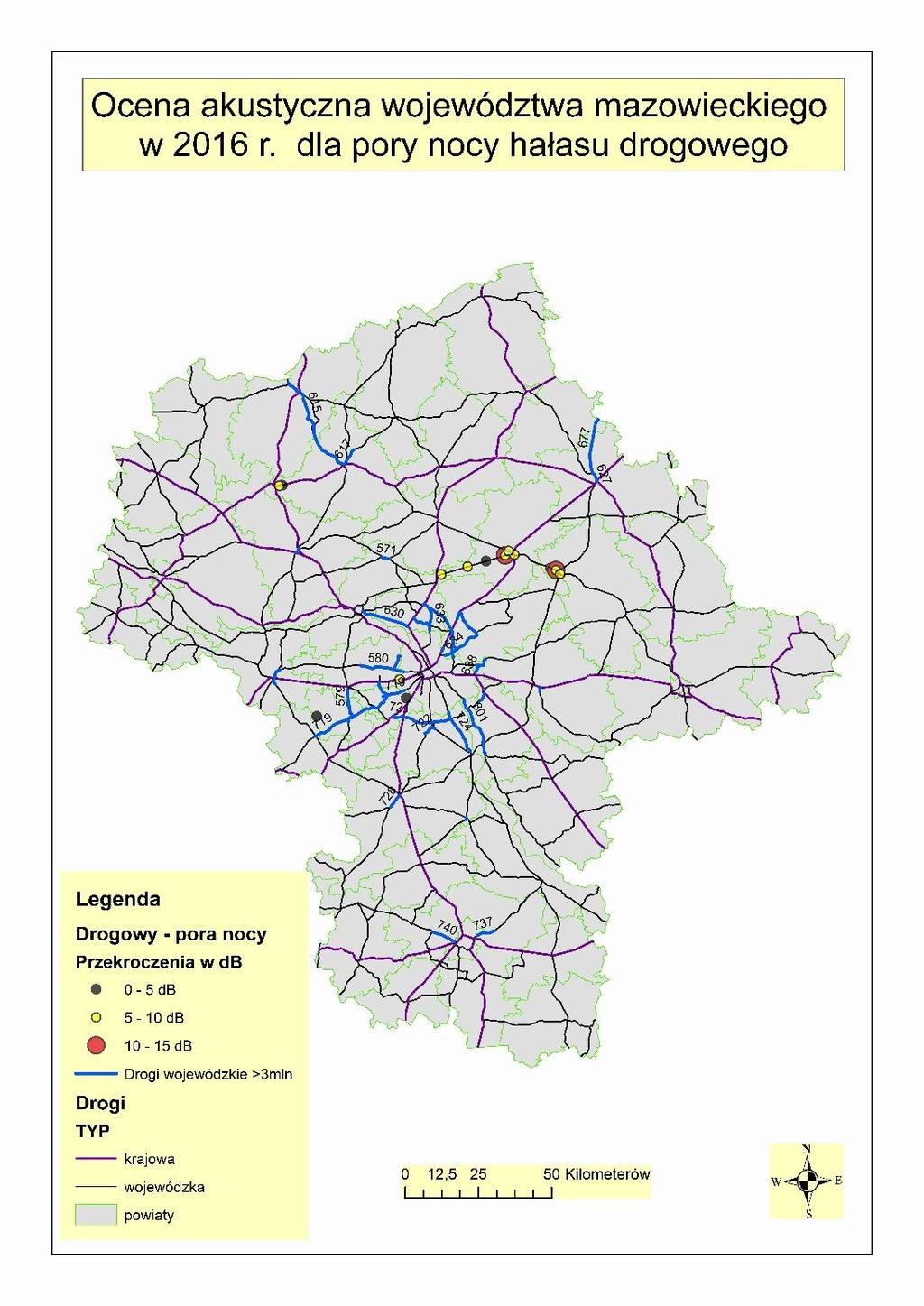 Mapa 3.3. Lokalizacja, przedziały przekroczeń hałasu drogowego dla pory nocy w 2016 r. oraz odcinki dróg woj.