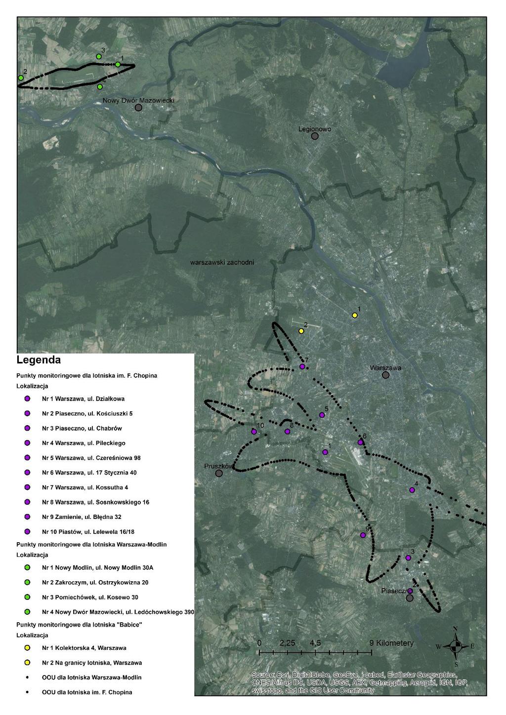 Mapa 3.6. Lokalizacja punktów monitoringowych dla hałasu lotniczego oraz obszarów ograniczonego użytkowania wokół lotnisk (źródło: WIOŚ, Port Lotniczy im. F.