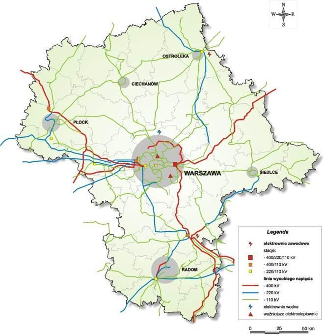 Przebieg linii elektroenergetycznych na terenie województwa mazowieckiego przedstawiono na mapie 4.1. Mapa 4.1. Przebieg linii elektroenergetycznych w woj.
