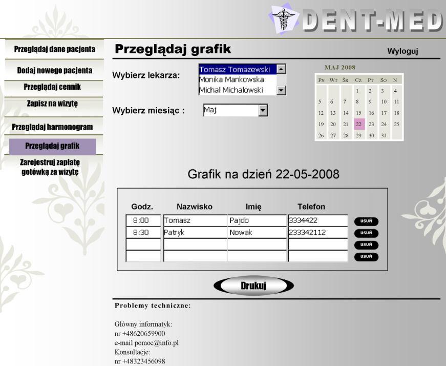 Interfejs Przeglądaj grafik Poniższy interfejs służy do przeglądania grafiku pracy wybranego lekarza.