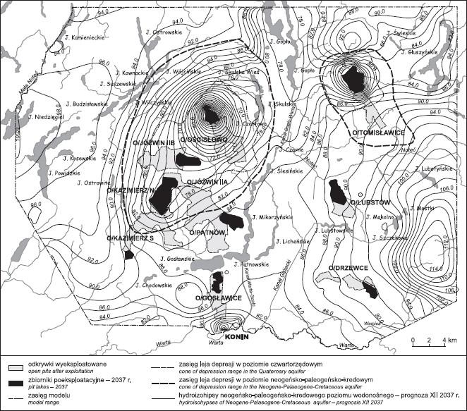 kredowym poziomie wodonośnym wg prognozy dla roku 237 r. Rys. 21. Mapa hydroizohips neogeńskopaleogeńskokredowego poziomu wodonośnego prognoza dla 237 r.