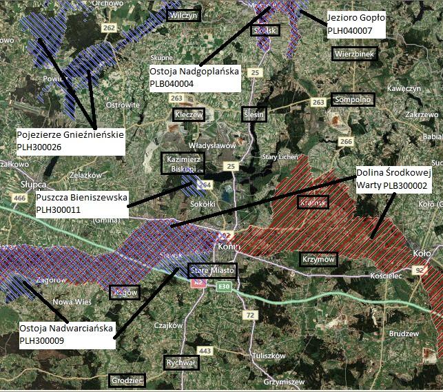 Rys. 22. Lokalizacja obszarów Natura 2 położonych na terenie i w sąsiedztwie powiatu konińskiego źródło: opracowanie własne na podstawie www.natura2.eea.europa.