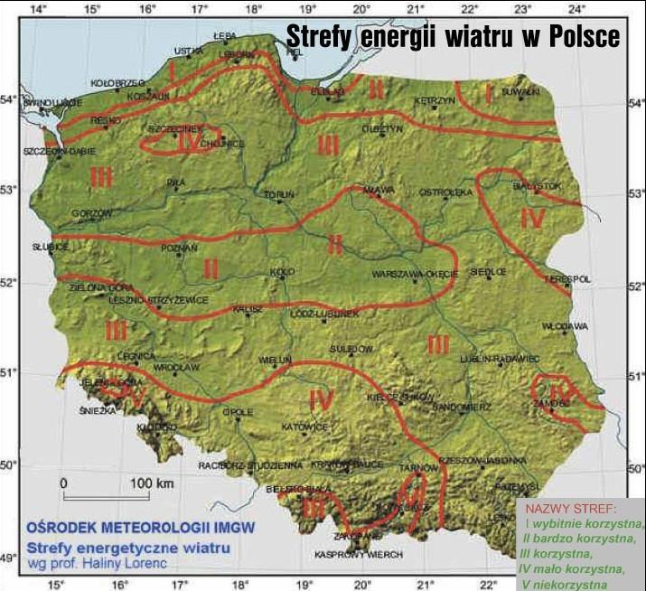 Rys. 26. Strefy energii wiatru wg prof. Haliny Lorenc źródło: www.bazaoze.pl W powiecie konińskim średnia roczna prędkość wiatru nie przekracza 3, m/s.