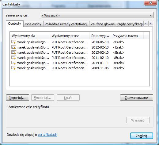 Certyfikat w zasobniku Windows mmc, dodaj przystawkę, certyfikaty IE, Narzędzia, Opcje internetowe, Zawartość, Certyfikaty Zadanie 1: podpisanie wiadomości