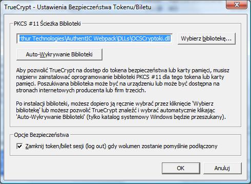 Konfigurowanie oprogramowania TrueCrypt wskazanie biblioteki PKCS#11 użyj