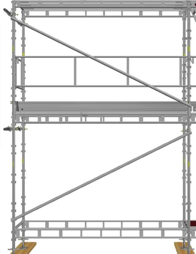 Dodatkowo w każdym stężanym pionie rusztowania należy zamocować co 10m w pionie stężenia horyzontalne.
