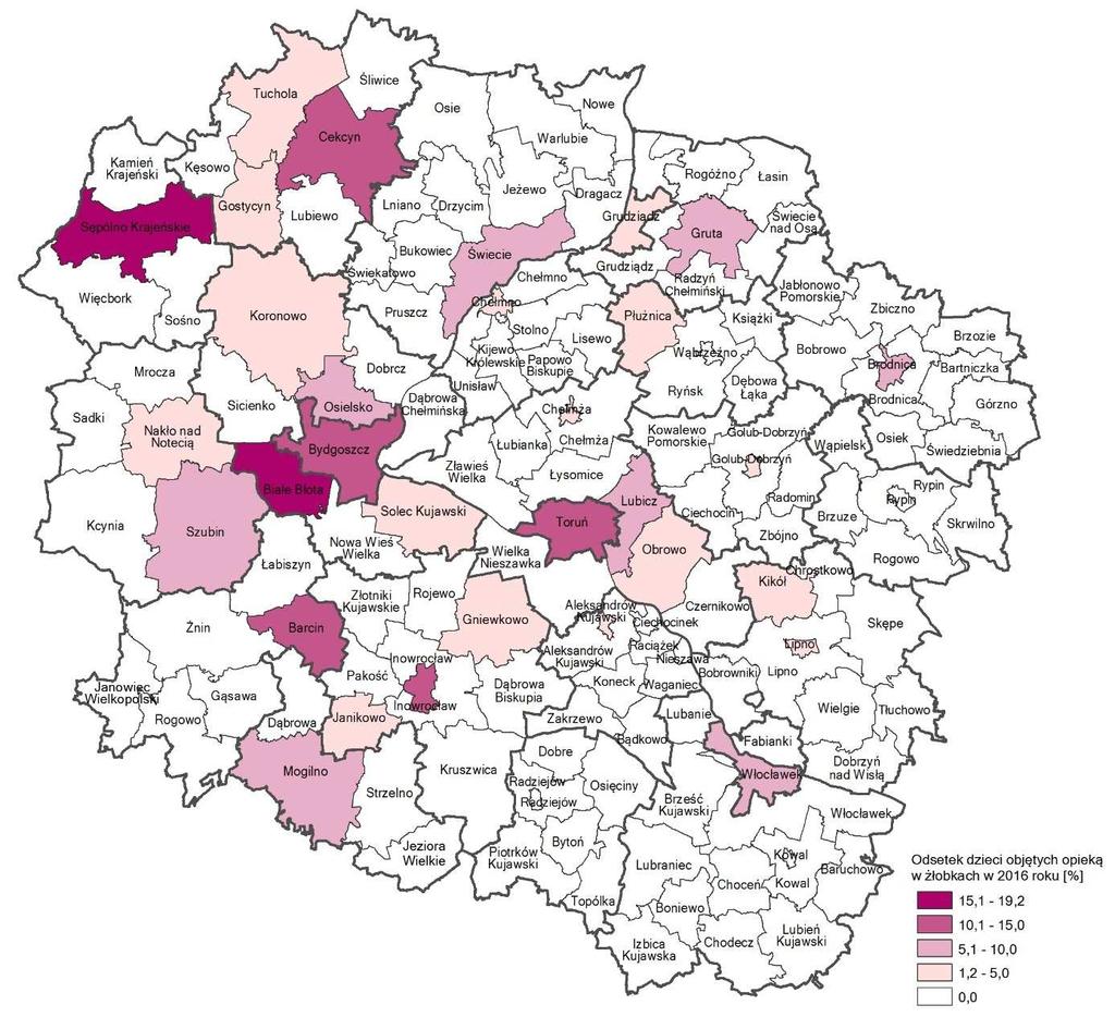 W 2012 roku, tylko w 14 gminach województwa kujawsko-pomorskiego (w tym w największych miastach województwa) opiekunowie dzieci do lat 3 mieli możliwość skorzystania z opieki w żłobkach.