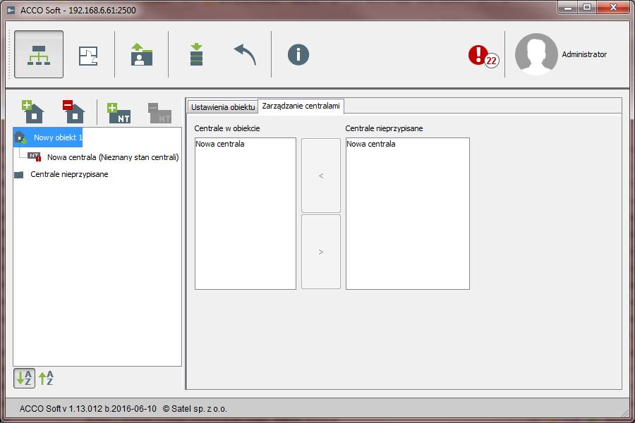 SATEL ACCO Soft 15 Rys. 10. Zakładka Zarządzanie centralami. 4.2.2.3 Usunięcie obiektu 1. Jeżeli chcesz usunąć pojedynczy obiekt, zaznacz kursorem wybrany obiekt na liście obiektów. 2.