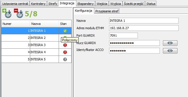 SATEL ACCO Soft 37 Przekroczona liczba central alarmowych lub Błędne dane (biały wykrzyknik na czerwonym tle), komunikacja między ACCO Server a modułem ethernetowym działa poprawnie; po najechaniu