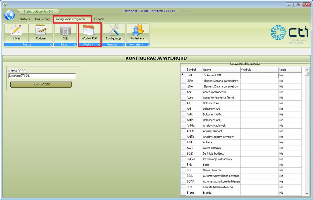 7. Konfiguracja wydruku PDF W celu konfiguracji wydruku w formie PDF należy w górnym menu wybrać zakładkę Konfiguracja programu, a następnie