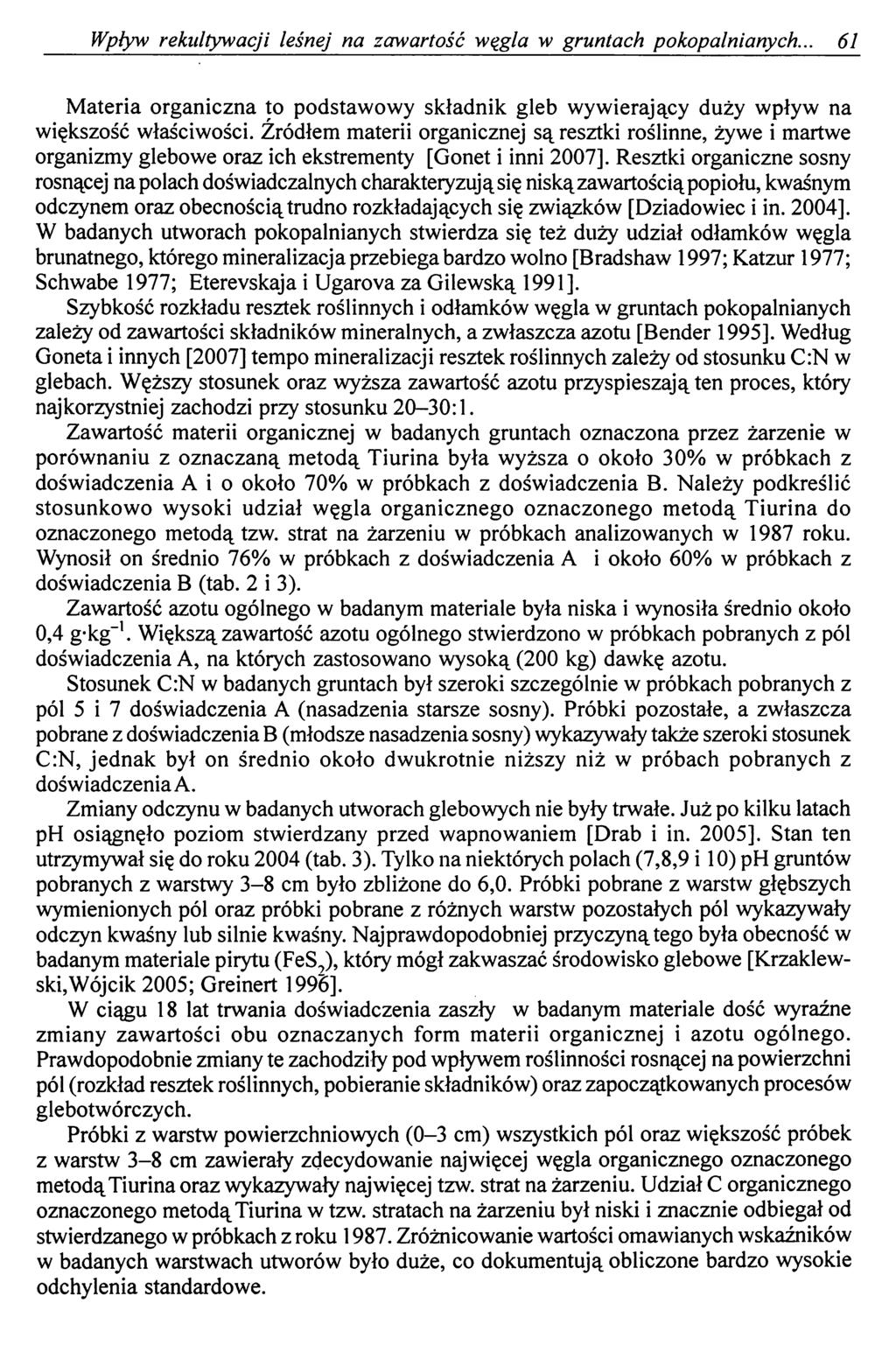 Wpływ rekultywacji leśnej na zawartość węgla w gruntach pokopalnianych.. 61 Materia organiczna to podstawowy składnik gleb wywierający duży wpływ na większość właściwości.