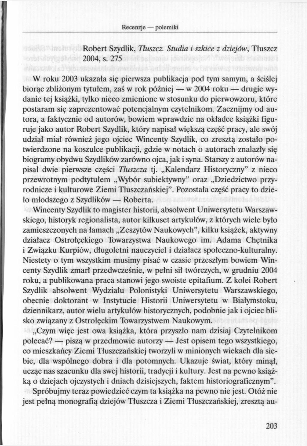 Robert Szydlik, Tłuszcz. Studia i szkice z dziejów, Tłuszcz 2004, s.