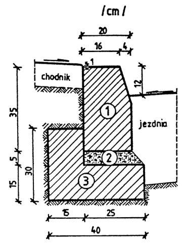 PRZYKŁADY USTAWIENIA KRAWĘŻNIKÓW KAMIENNYCH NA ŁAWACH (wg [13]) a) Krawężnik typu ulicznego 20 x 35 cm na ławie betonowej zwykłej b) Krawężnik typu ulicznego 20 x 35 cm na ławie betonowej z oporem 1.