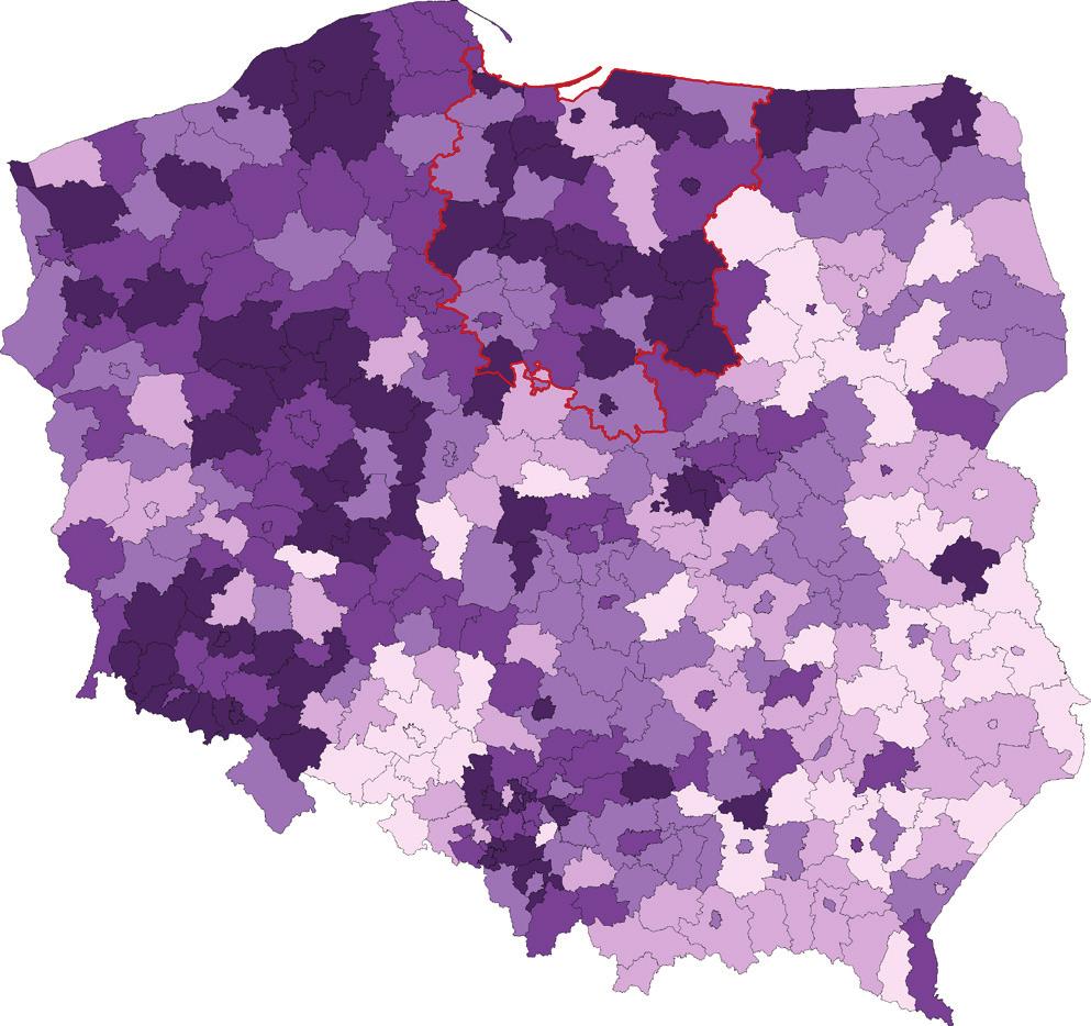 NOWOTWORY ZŁOŚLIWE W POLSCE W 2016 ROKU Mapa 3.1. Rozkład geograficzny umieralności na nowotwory złośliwe ogółem u mężczyzn w Polsce w 2016 roku Map 3.1. Geographical distribution of total cancer mortality in Poland 2016, males 459,7 480,8 441,7 459,7 410,5 441,7 367,2 410,5 310,2 Mapa 3.