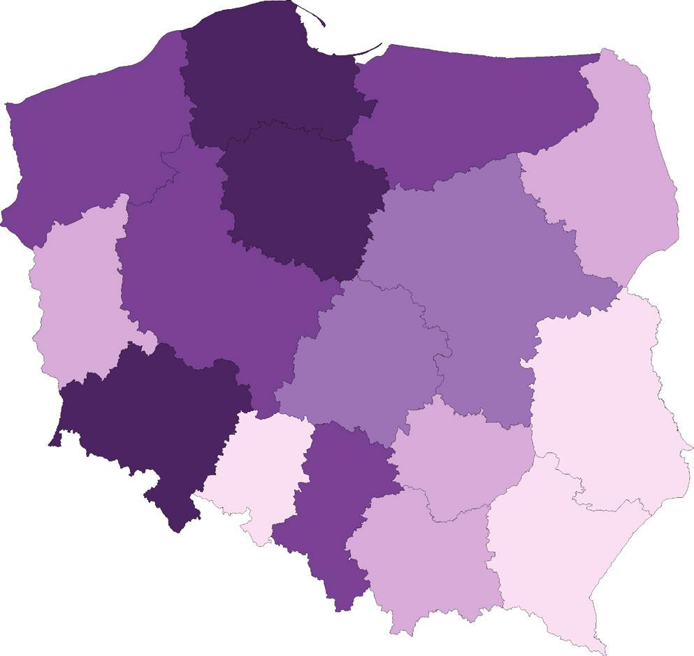 Mapa 3.2. Rozkład geograficzny umieralności na nowotwory złośliwe ogółem u kobiet w Polsce w 2016 roku Map 3.2. Geographical distribution of total cancer mortality in Poland 2016, females 239,7 247,2 235,1 239,7 222,2 235,1 201,1 222,2 162,6 201,1 Mapa 3.