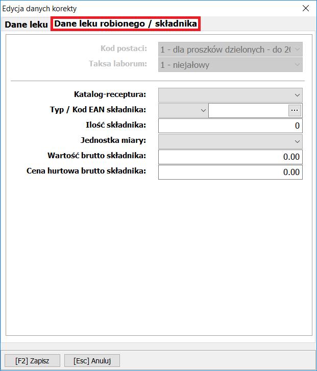 Rys. 15 Dane leku robionego/składnika W przypadku, gdy mamy pewność, że wygenerowany raport nie zawiera błędów, tak jak do tej pory, w celu zapisania pliku *.