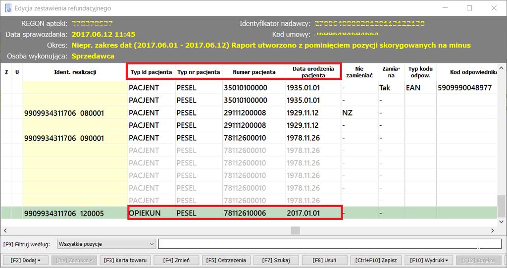 Rys. 5 Okno edycji zestawienia refundacyjnego Opiekun Tak jak do tej pory, w przypadku wystąpienia nieprawidłowości w raporcie, zostaną one wyróżnione czerwonym kolorem.