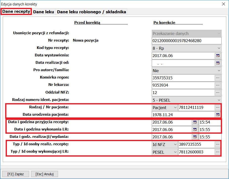 Rys. 8 Dane recepty dla leków recepturowych b) Zakładka Dane leku tak jak do tej pory przekazywana jest informacja o nagłówku danych leku recepturowego.