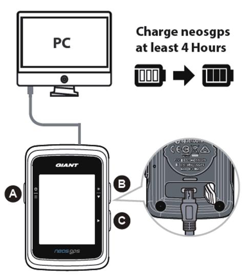 Krok 1: Ładowanie NeosGPS Wyjmij kabel USB z opakowania i podłącz NeosGPS do komputera w celu automatycznego naładowania. Wykonaj ładowanie przez co najmniej 4 godziny.